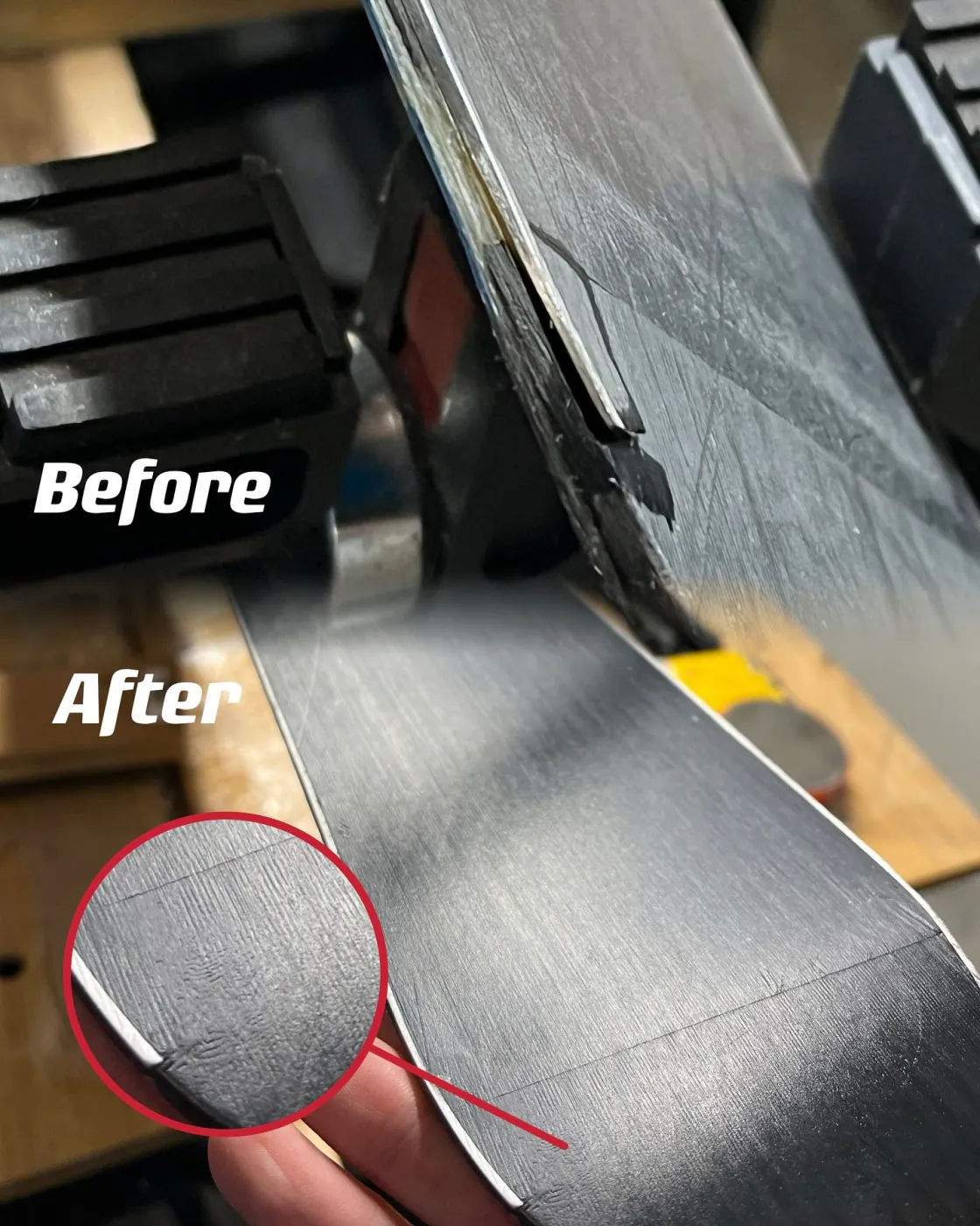 Before and after ski base repair